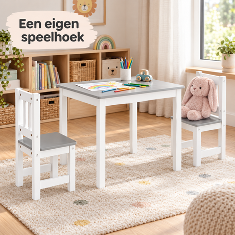 Kinder tafel met 2 MDF-stoeltjes van BukkitBow, 60x50 cm, geschikt voor kinderen vanaf 2 jaar, in een speelse interieursetting