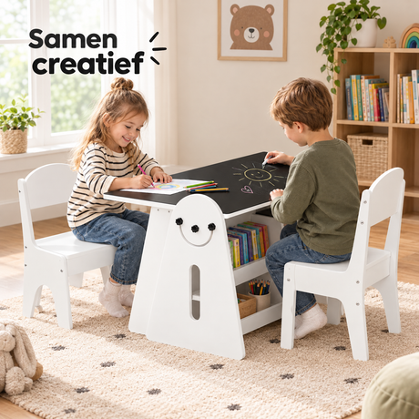 Witte en zwarte kindertafel met 2 stoeltjes en tekenbord, inclusief opbergruimte, geschikt voor kinderen, van BukkitBow