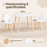Witte kindertafel met twee stoeltjes en wolkvormige rugleuningen, rond of vierkant, door BukkitBow.