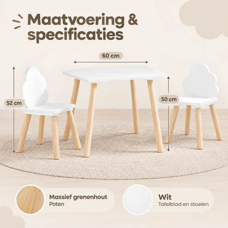 Witte kindertafel met twee stoeltjes en wolkvormige rugleuningen, rond of vierkant, door BukkitBow.