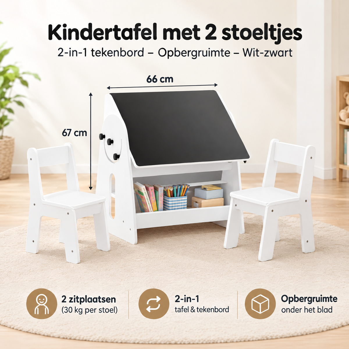 Witte en zwarte kindertafel met 2 stoeltjes, tekeningbord en opbergruimte, ideaal voor kinderen, van BukkitBow