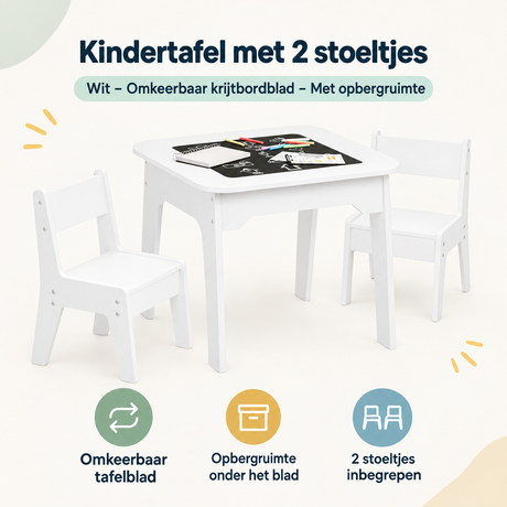 BukkitBow kindertafelset met 2 witte stoeltjes, omkeerbaar krijtbordblad en opbergruimte voor kinderen.