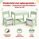 Groene en witte kindertafel met opbergruimte, 2 stoelen en omkeerbaar krijtbordblad, geschikt voor kinderen, door BukkitBow.