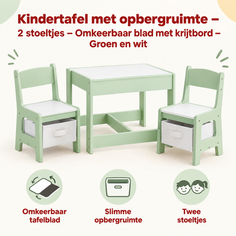 Groene en witte kindertafel met opbergruimte, 2 stoelen en omkeerbaar krijtbordblad, geschikt voor kinderen, door BukkitBow.