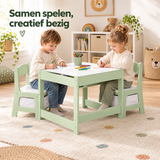 Groene en witte kindertafel met opbergruimte, 2 stoeltjes en omkeerbaar krijtbord, geschikt voor kinderen, van BukkitBow