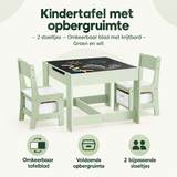 Groene en witte kindertafel met opbergruimte en 2 stoelen, omkeerbaar blad met krijtbord, van BukkitBow.