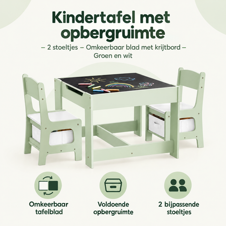 Groene en witte kindertafel met opbergruimte en 2 stoelen, omkeerbaar blad met krijtbord, van BukkitBow.