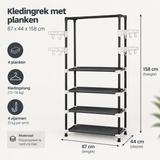 Afmetingen en productspecificaties van kledingrek met planken