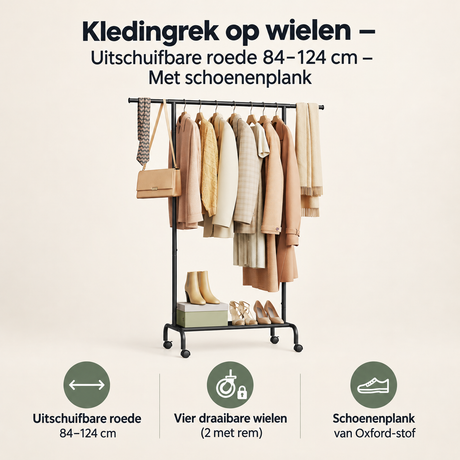 Overzicht van kledingrek op wielen met de belangrijkste productvoordelen