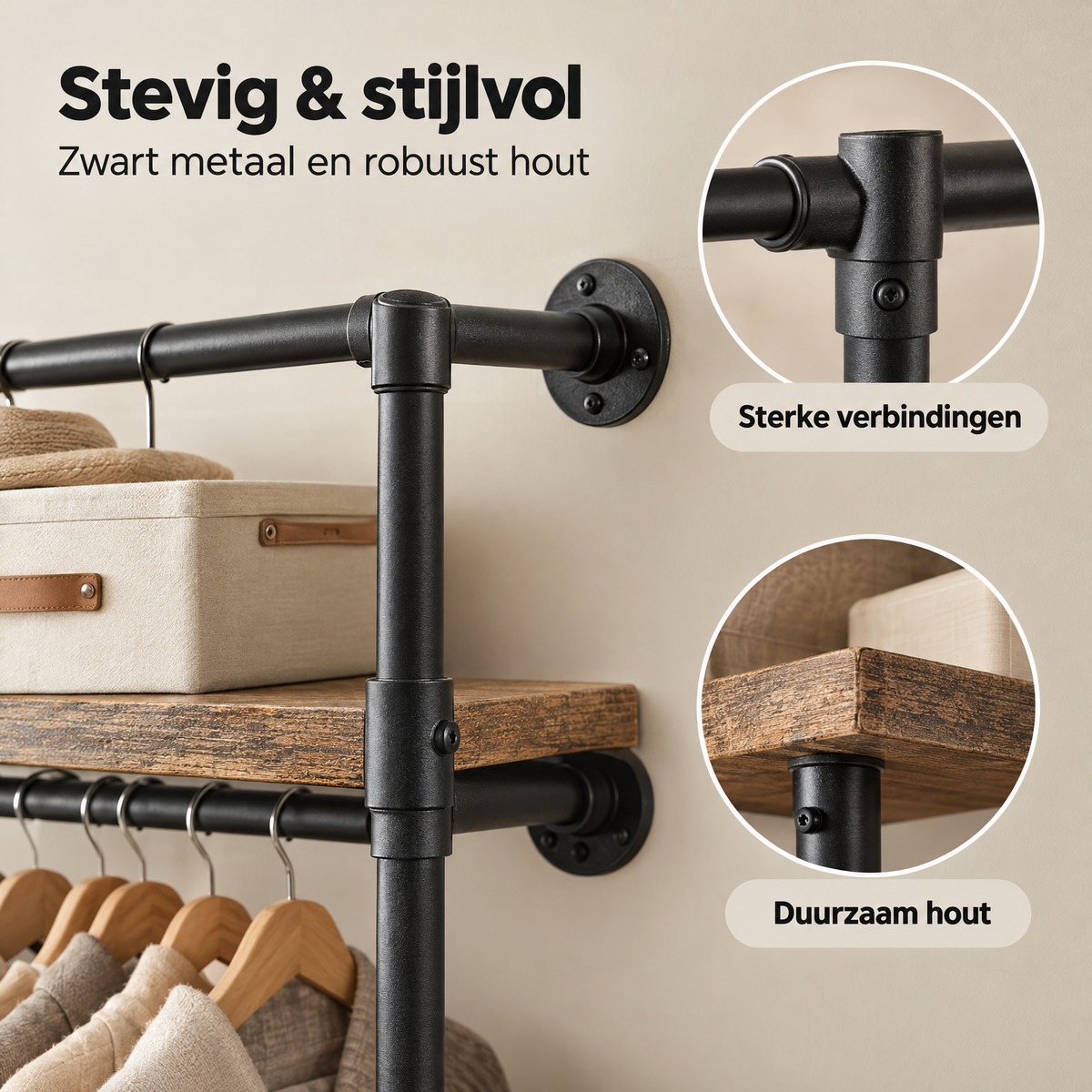 Detail van materiaal en afwerking van kledingrek wandmontage