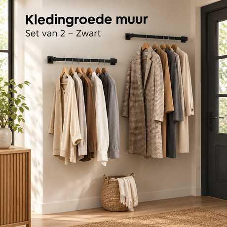 Set van 2 zwarte kledingroedes voor wandmontage, 64, 94 of 114 cm, geschikt voor kleding en garderobe opbergruimte