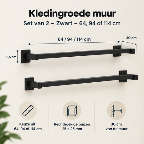 Set van 2 zwarte kledingroedes voor wandmontage, 64, 94 of 114 cm, geschikt voor het ophangen van kleding en accessoires.