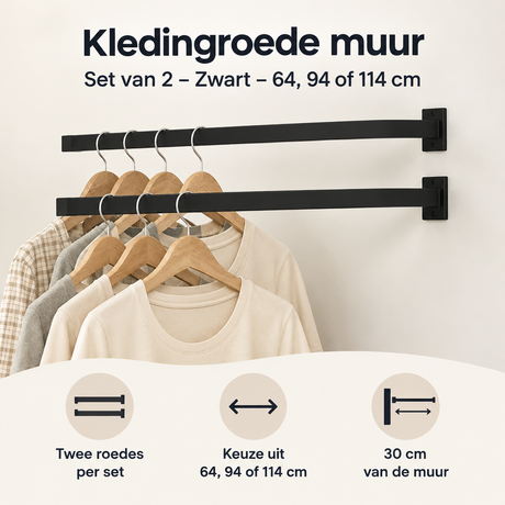 Set van 2 zwarte kledingroedes voor muurmontage, 64, 94 of 114 cm, geschikt voor wandgebruik, van BukkitBow.