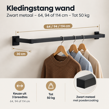 Zwarte wandgemonteerde kledingstang van BukkitBow, metaal, 64, 94 of 114 cm, draagkracht tot 50 kg, voor kleding ophangen