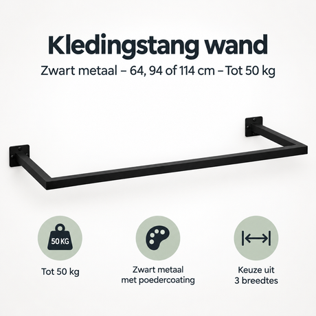 Wandgemonteerde kledingstang van BukkitBow in zwart metaal, 64, 94 of 114 cm, draagkracht tot 50 kg, overzicht van kernvoordelen.