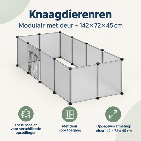 Modulaire knaagdierenren met deur van BukkitBow, afmetingen 142x72x45 cm, geschikt voor knaagdieren en gemakkelijk te openen.