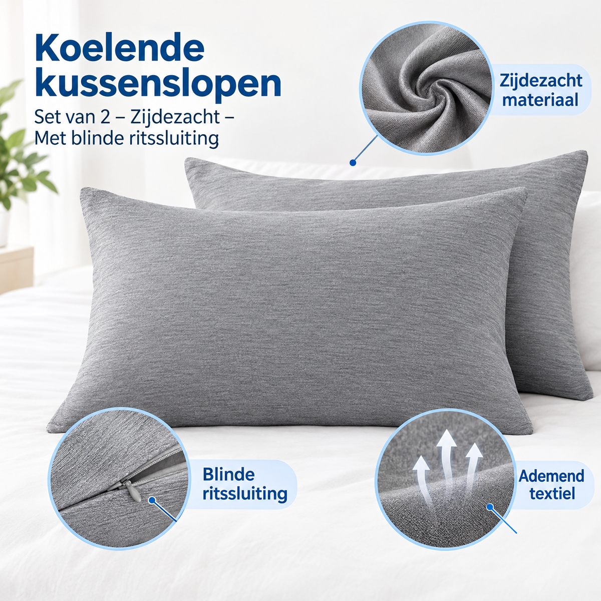 Set van 2 zijdezachte koelende kussenslopen met blinde ritssluiting van BukkitBow, details van het materiaal.