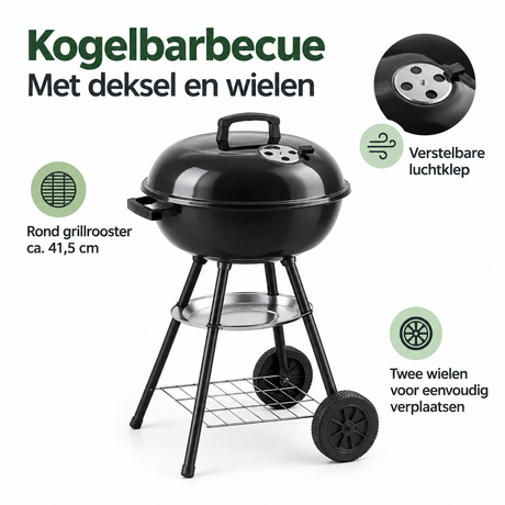 Zwarte BukkitBow kogelbarbecue met deksel, wielen en grillrooster van ca. 41,5 cm voor buitenbarbecueën.