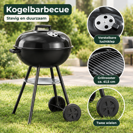 Zwarte BukkitBow kogelbarbecue met deksel, wielen en grillrooster van ca. 41,5 cm, close-up van het materiaal.