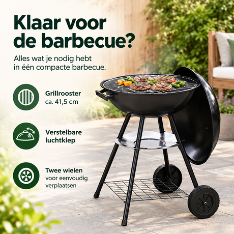 Zwarte BukkitBow kogelbarbecue met deksel, wielen en grillrooster van ca. 41,5 cm voor buiten barbecueën.