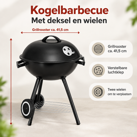 Zwarte BukkitBow kogelbarbecue met deksel, wielen en grillrooster van ongeveer 41,5 cm voor buiten barbecueën