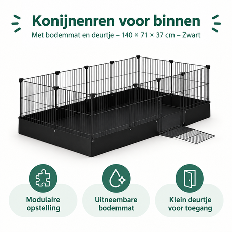 Binnen konijnenren van BukkitBow met bodemmat en deurtje, zwart, afmeting 140x71x37 cm, geschikt voor huisdieren.