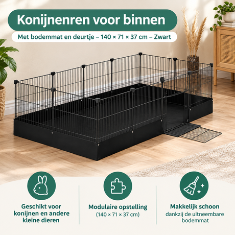 Binnen konijnenren van BukkitBow met bodemmat en deurtje, zwart, 140x71x37 cm, geschikt voor huisdieren.