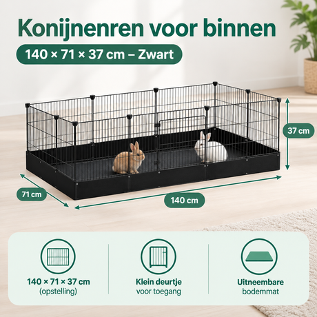 Binnen konijnenren van BukkitBow, zwart met bodemmat en deurtje, afmetingen 140×71×37 cm voor knaagdieren.
