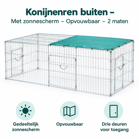Opvouwbare buiten konijnenren met zonnescherm van BukkitBow, beschikbaar in 2 maten, ideaal voor veilige buitenopvang van konijnen.