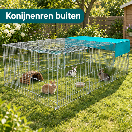 Opvouwbare buiten konijnenren met zonnescherm van BukkitBow, geschikt voor veilig tuingebruik in twee maten
