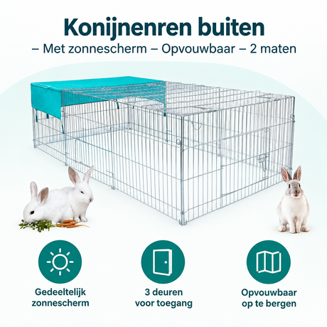 Opvouwbare buiten konijnenren met zonnescherm van BukkitBow, verkrijgbaar in 2 maten, biedt veilige speelruimte voor konijnen.