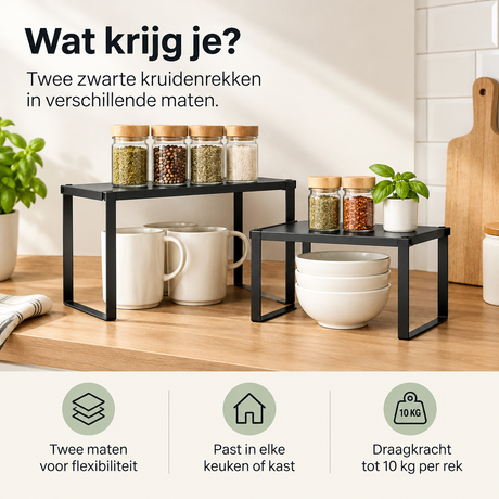 Set van 2 zwarte metalen kruidenrekken van BukkitBow, stapelbaar en praktisch voor het organiseren van kruiden.