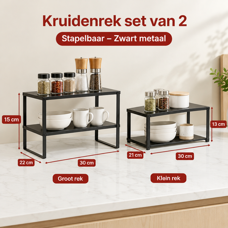 Set van 2 zwart metalen kruidenrekken van BukkitBow, stapelbaar en ideaal voor het organiseren van kruiden in de keuken.