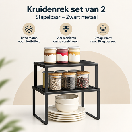Set van 2 zwarte metalen kruidenrekken van BukkitBow, stapelbaar en ideaal voor het organiseren van kruiden in de keuken.