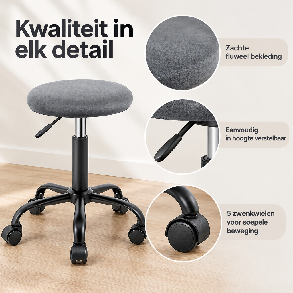 Detail van materiaal en afwerking van kruk op wielen