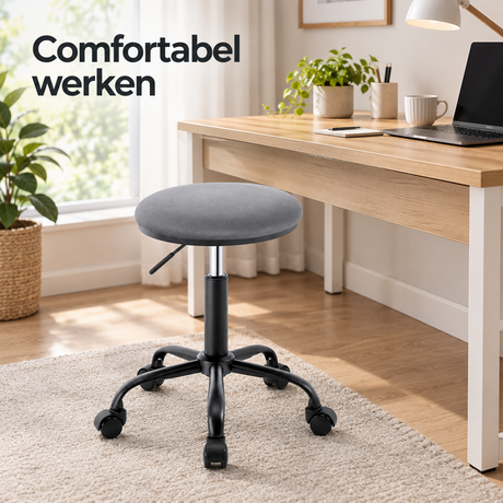 Verstelbare BukkitBow kruk op wielen met ronde zitting en 360° draaibaar, ideaal voor flexibel gebruik.
