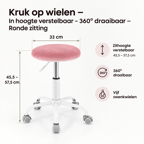 Verstelbare kruk op wielen met ronde zitting en 360° draaibaar, door BukkitBow, ideaal voor werk- en zitplekken.