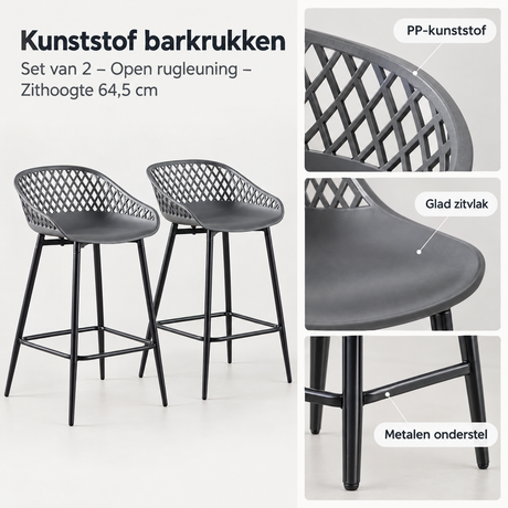 Detail van materiaal en afwerking van kunststof barkrukken