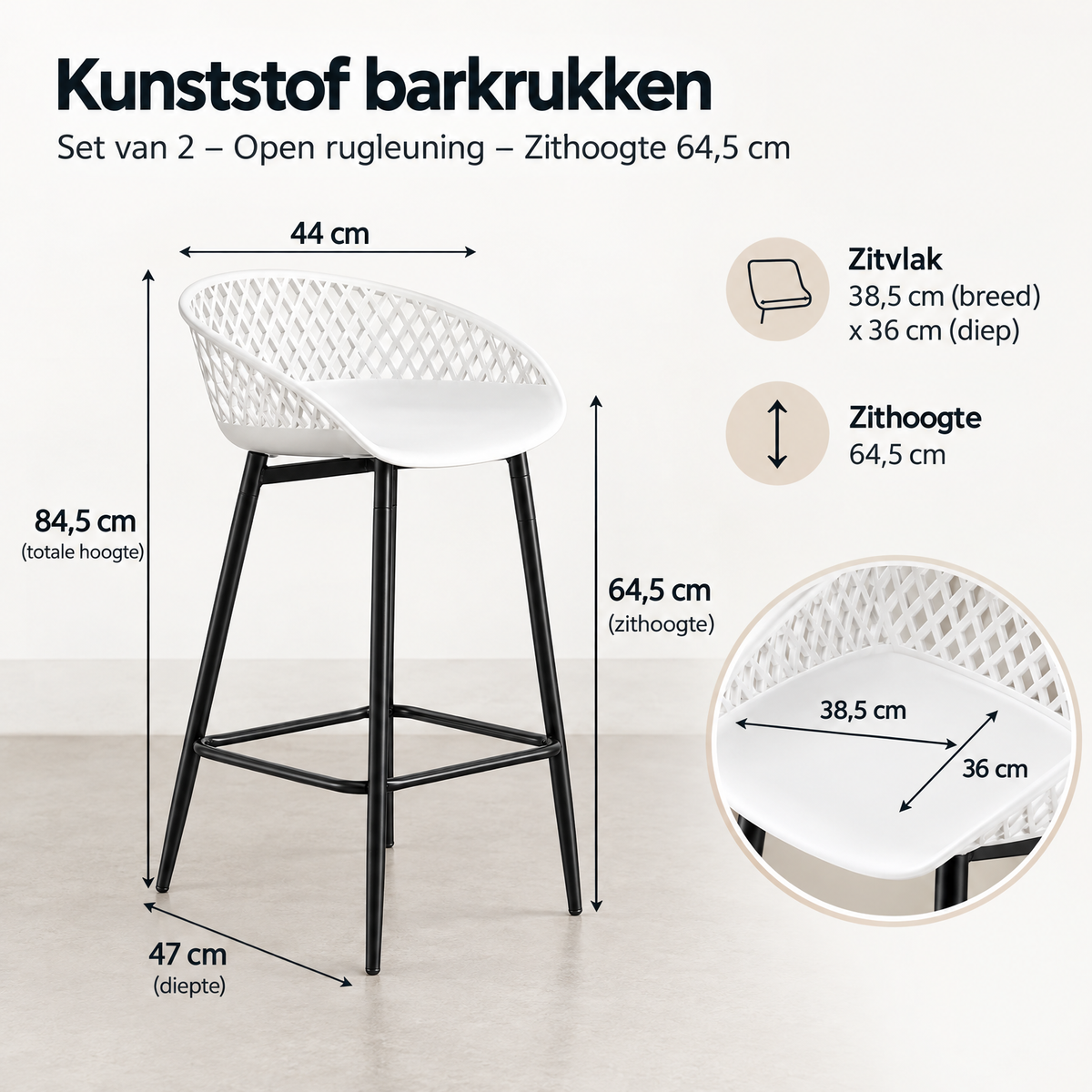 Afmetingen en productspecificaties van kunststof barkrukken