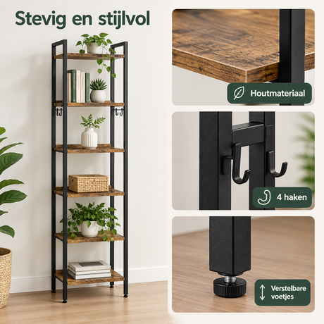 Industriele BukkitBow ladderkast met 5 of 6 planken en 4 haken, gemaakt van stevig materiaal, voor praktische opbergruimte