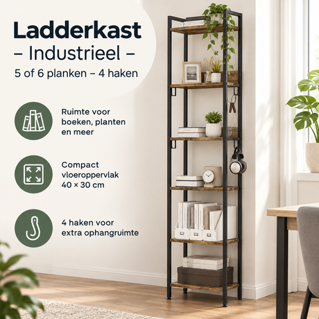 Industriele ladderkast van BukkitBow met 5 of 6 planken en 4 haken, praktische opbergoplossing voor diverse ruimtes.