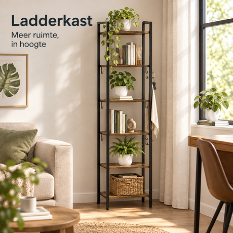 Industriele Ladderkast van BukkitBow met 5 planken en 4 haken, geschikt voor opbergruimte en stijlvolle interieurdecoratie