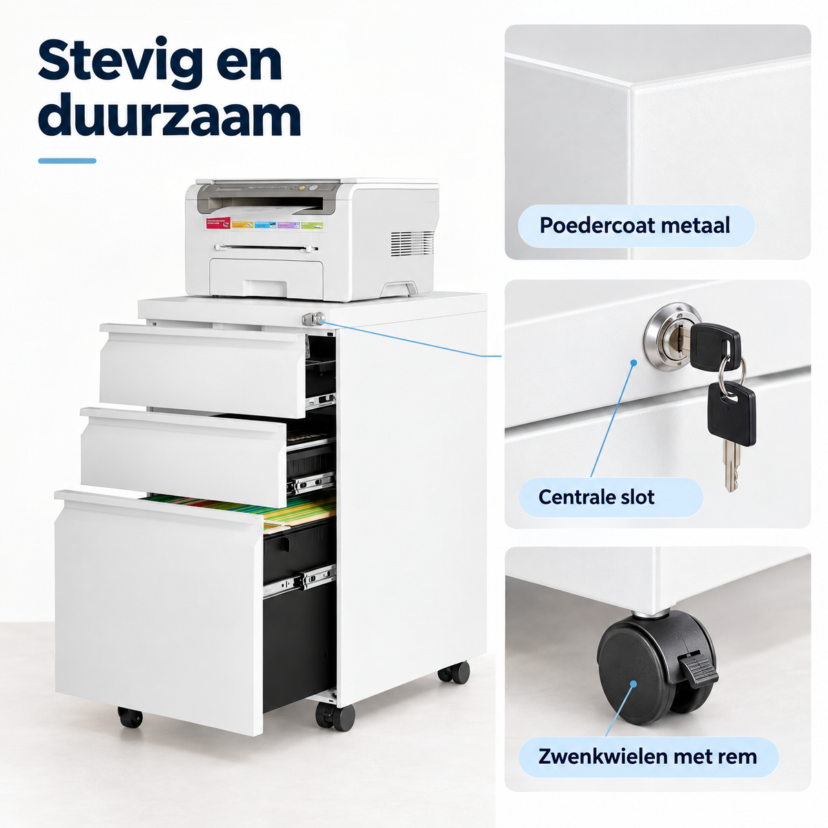 Detail van materiaal en afwerking van ladeblok op wielen