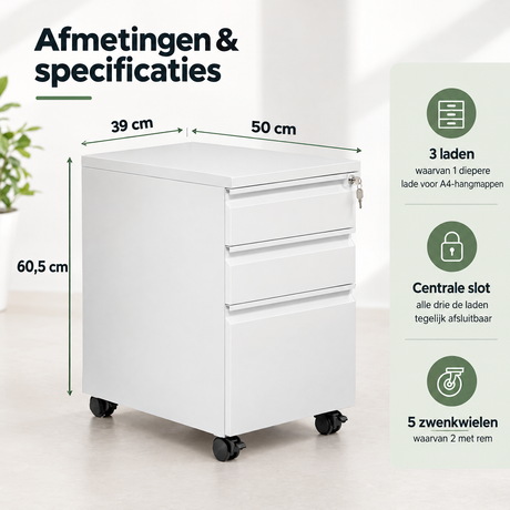 Afmetingen en productspecificaties van ladeblok op wielen