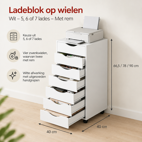 Afmetingen en productspecificaties van ladeblok op wielen