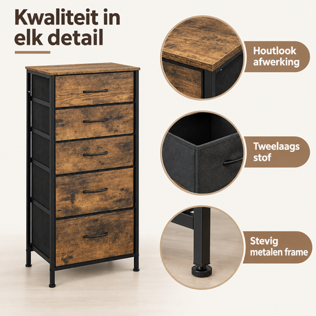 Detail van materiaal en afwerking van ladekast met 5 stoffen lades