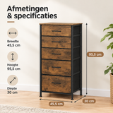 Afmetingen en productspecificaties van ladekast met 5 stoffen lades