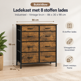 Afmetingen en productspecificaties van ladekast met 8 stoffen lades