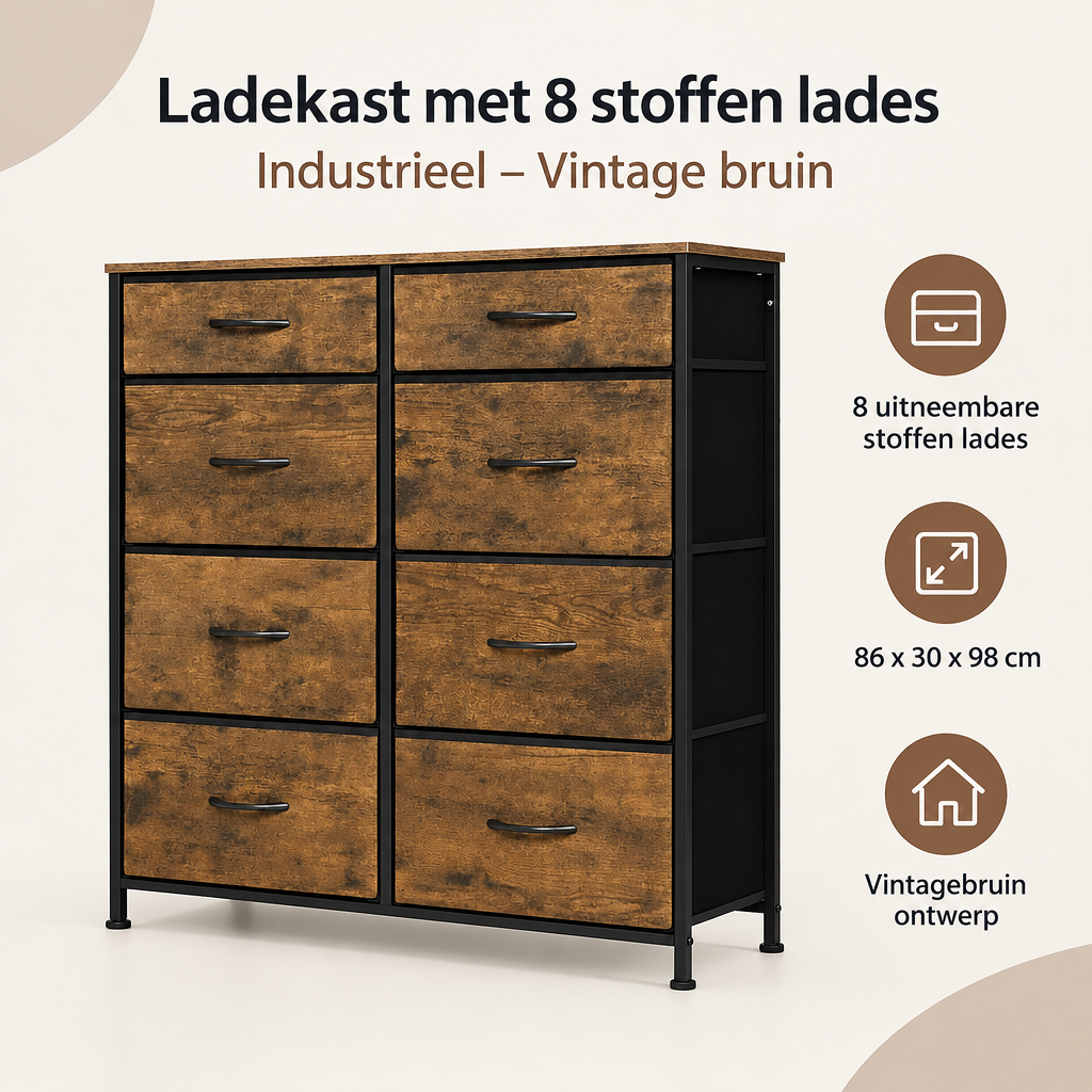 Overzicht van ladekast met 8 stoffen lades met de belangrijkste productvoordelen