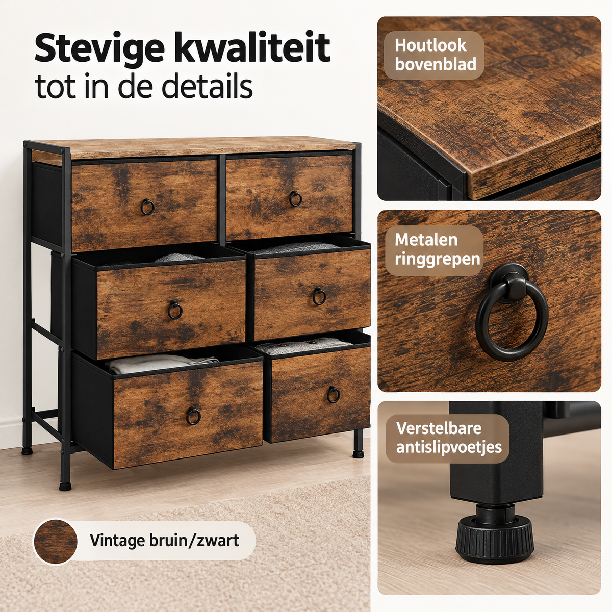 Detail van materiaal en afwerking van ladekast met stoffen lades